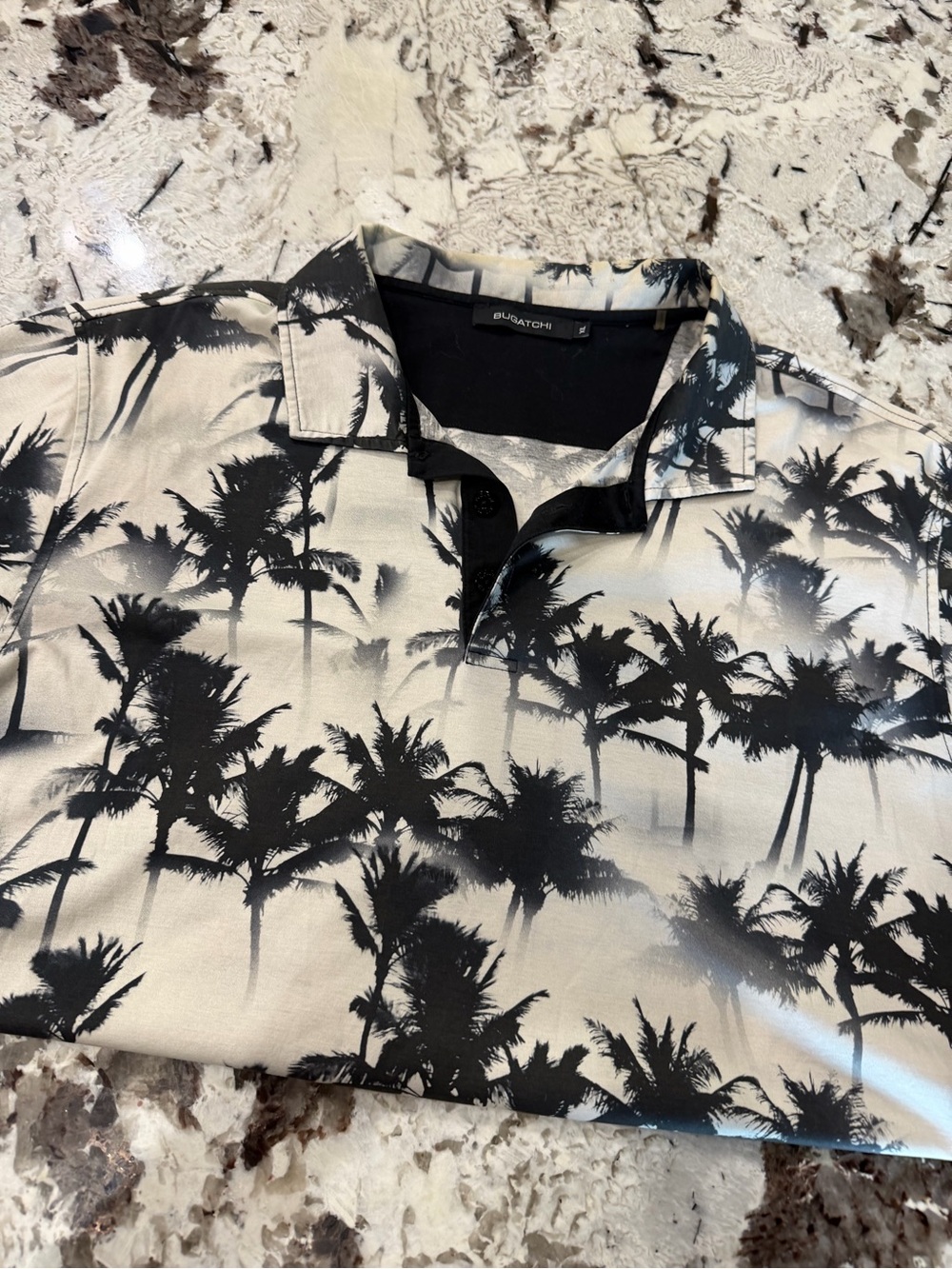 NWOT- Bugatchi Black & Cream Palm-Print Polo